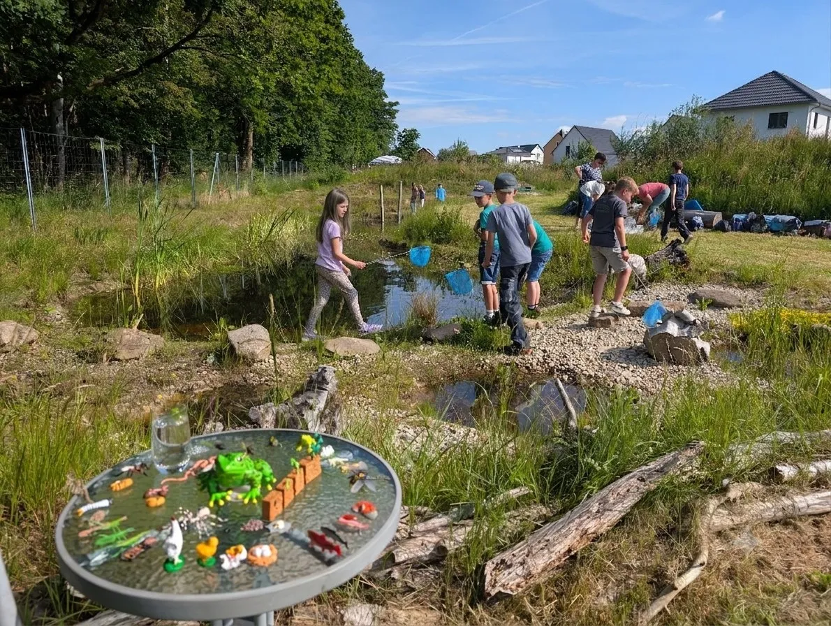 Weiter Blick über die Teichlandschaft mit forschenden Kindern
