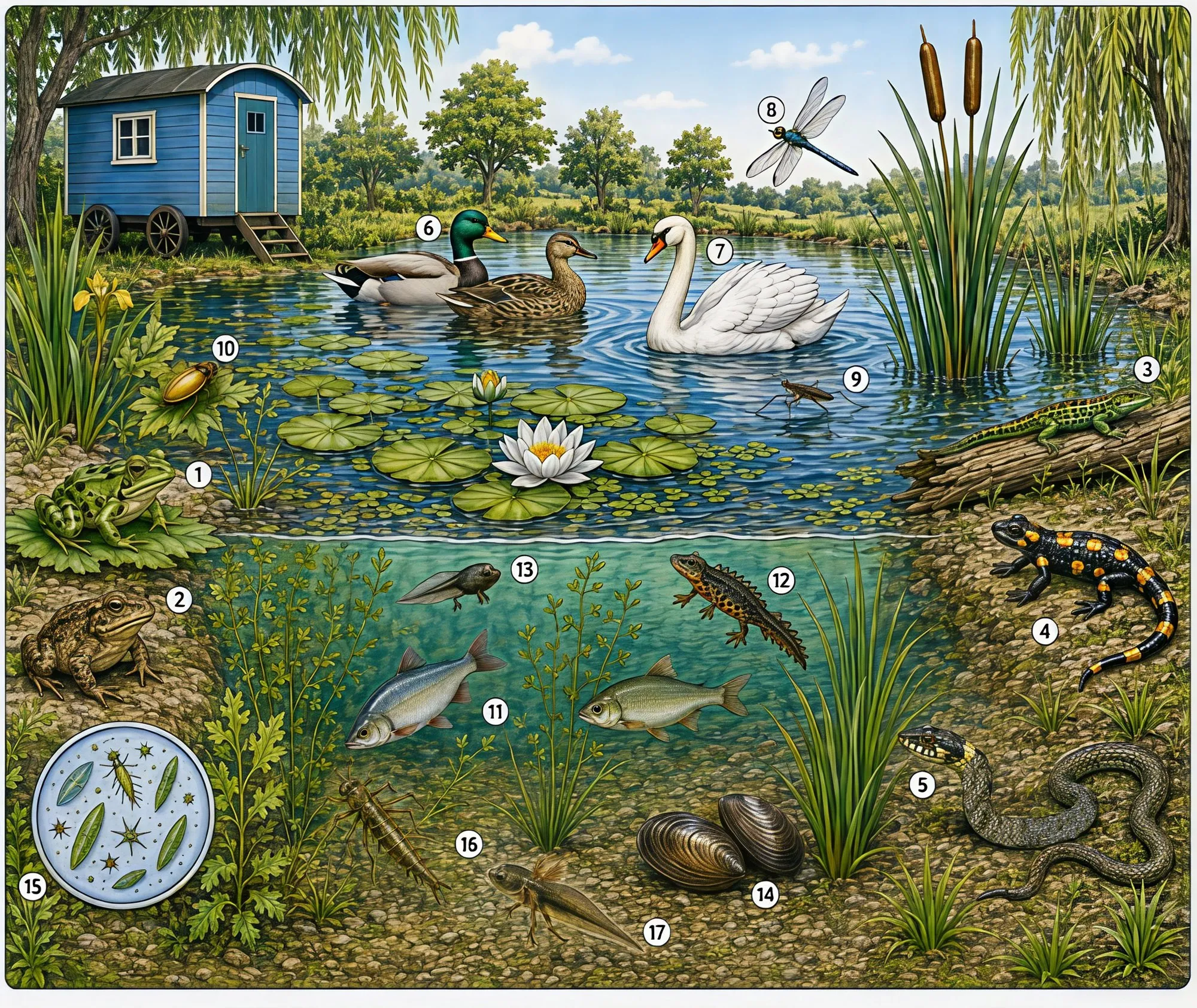 Illustrierter Querschnitt durch den Teich: Über und unter der Wasseroberfläche sind 17 nummerierte Tierarten dargestellt, darunter Frosch, Molch, Libelle, Fisch und Ringelnatter.