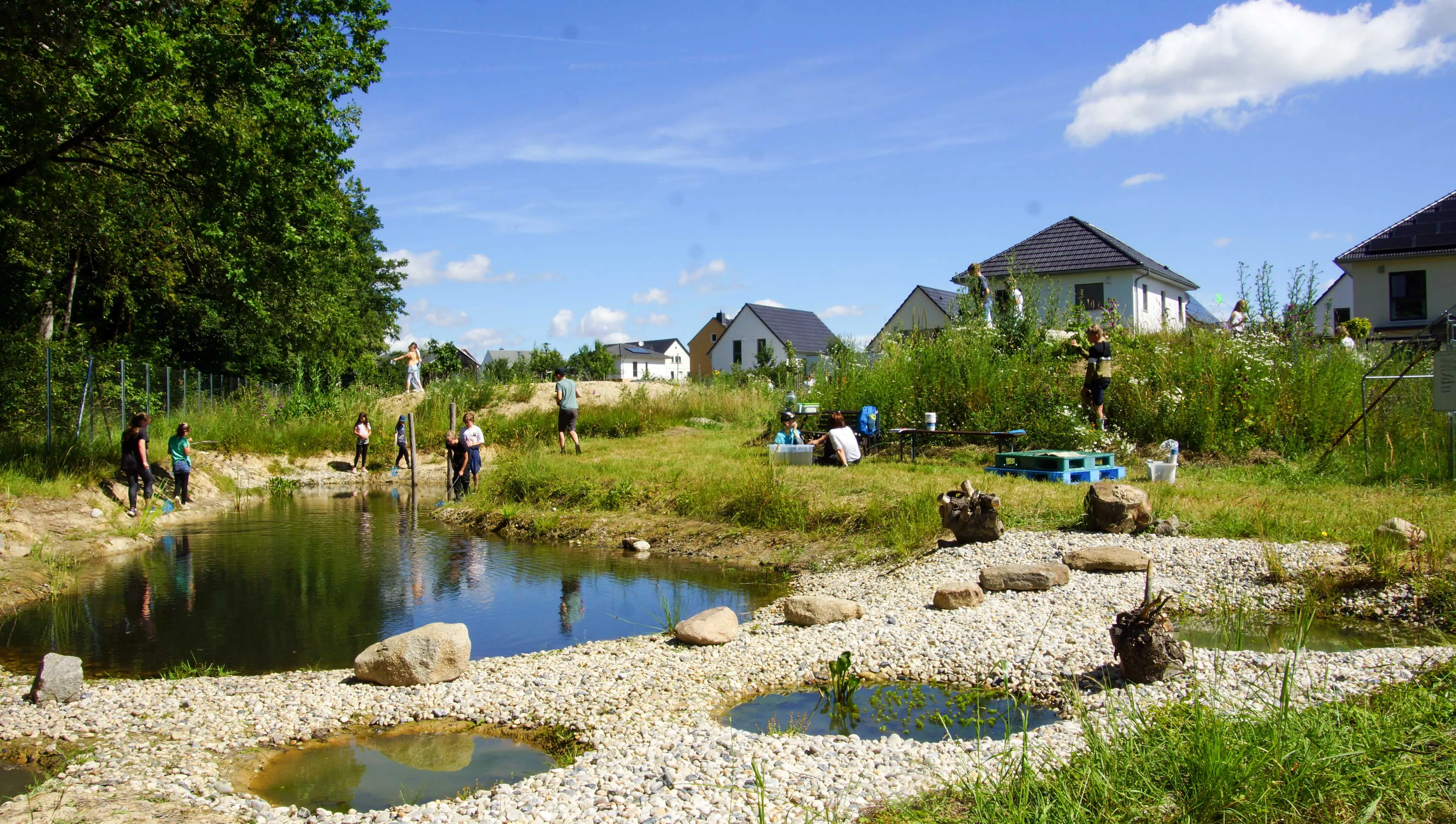 Weite Ansicht der Teichlandschaft mit Gruppe