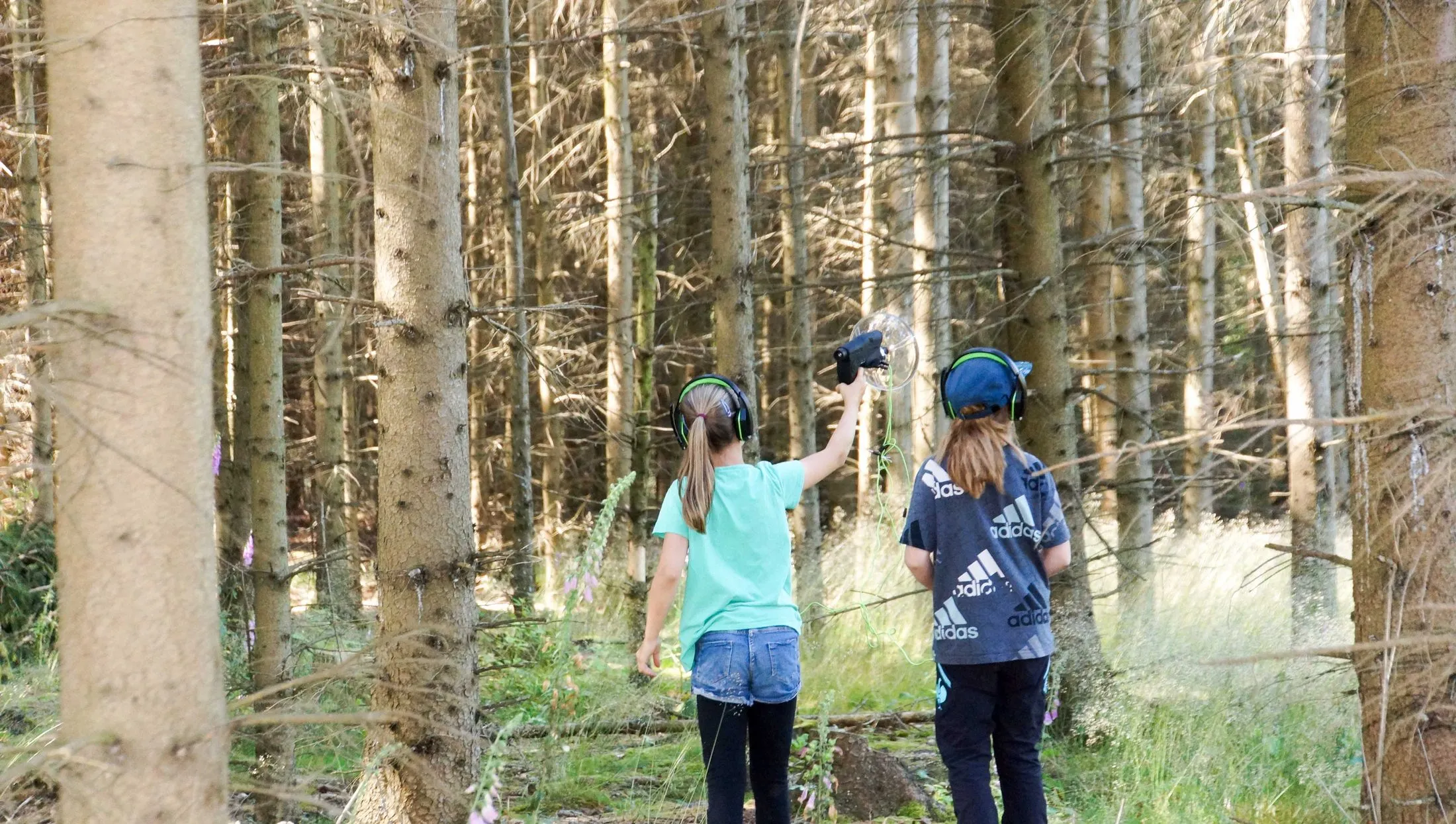 Zwei Kinder lauschen mit Kopfhörern und Parabolmikrofon den Geräuschen im Fichtenwald